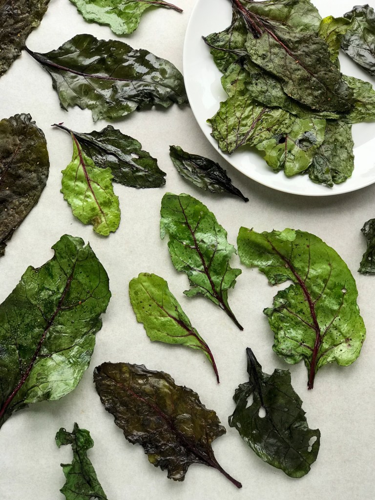 Baked beetroot leaf crisps